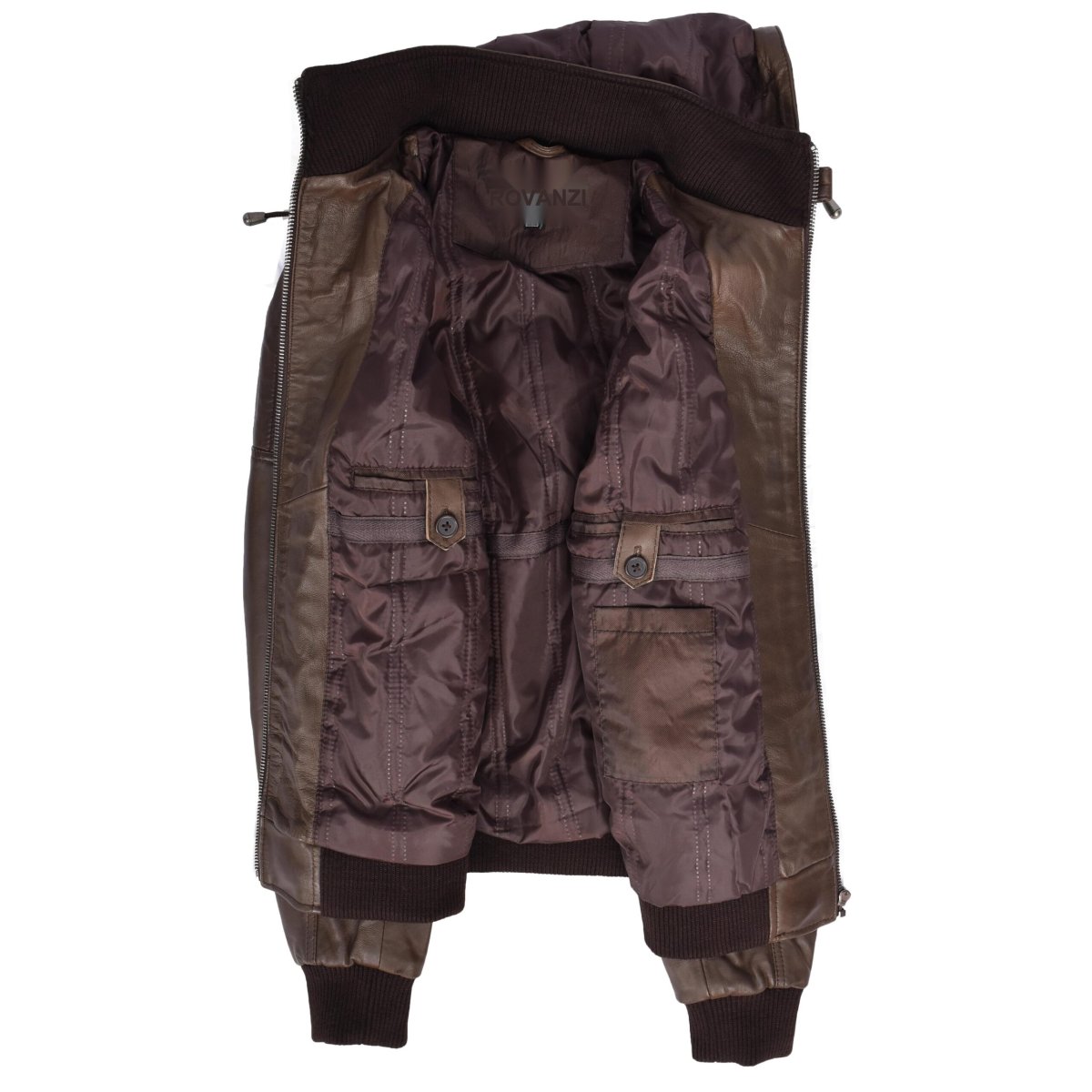 BUNERI Chaqueta Bomber de Cuero Auténtico con Capucha Extraíble Marrón - Imagen 7