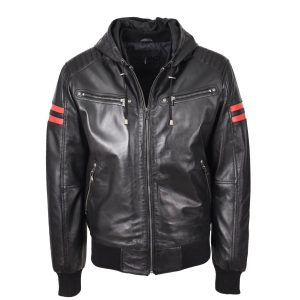 BUNERI Bomber Remmy Negra de Cuero Real con Capucha