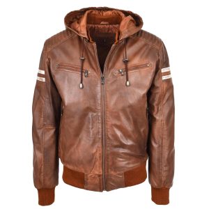 BUNERI Chaqueta Bomber de Cuero Real Coñac con Capucha Desmontable para Hombre