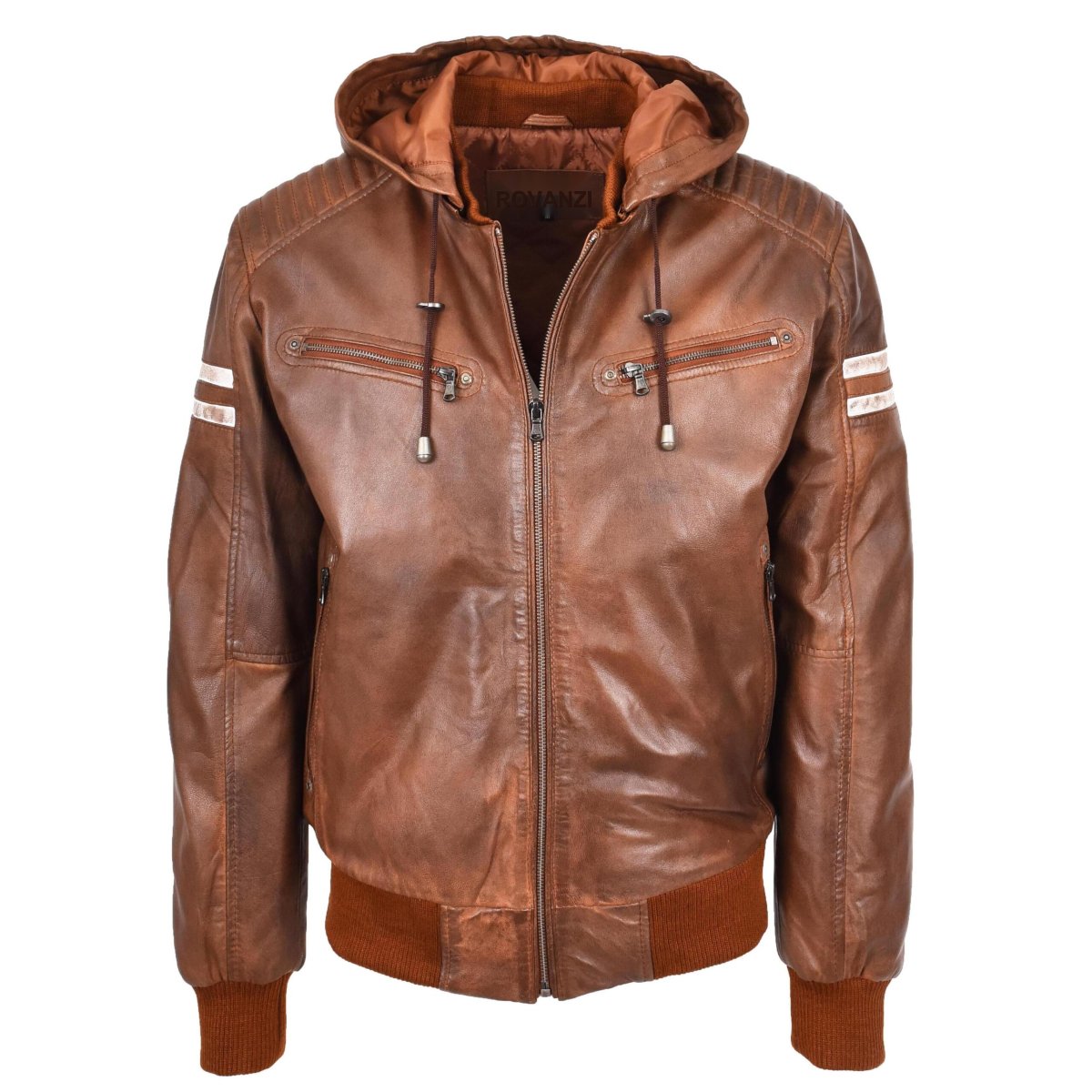 BUNERI Chaqueta Bomber de Cuero Real Coñac con Capucha Desmontable para Hombre - Imagen 2