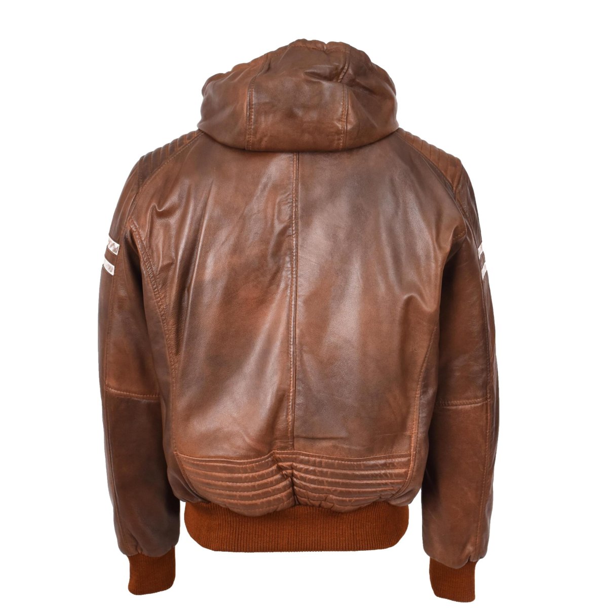 BUNERI Chaqueta Bomber de Cuero Real Coñac con Capucha Desmontable para Hombre - Imagen 3