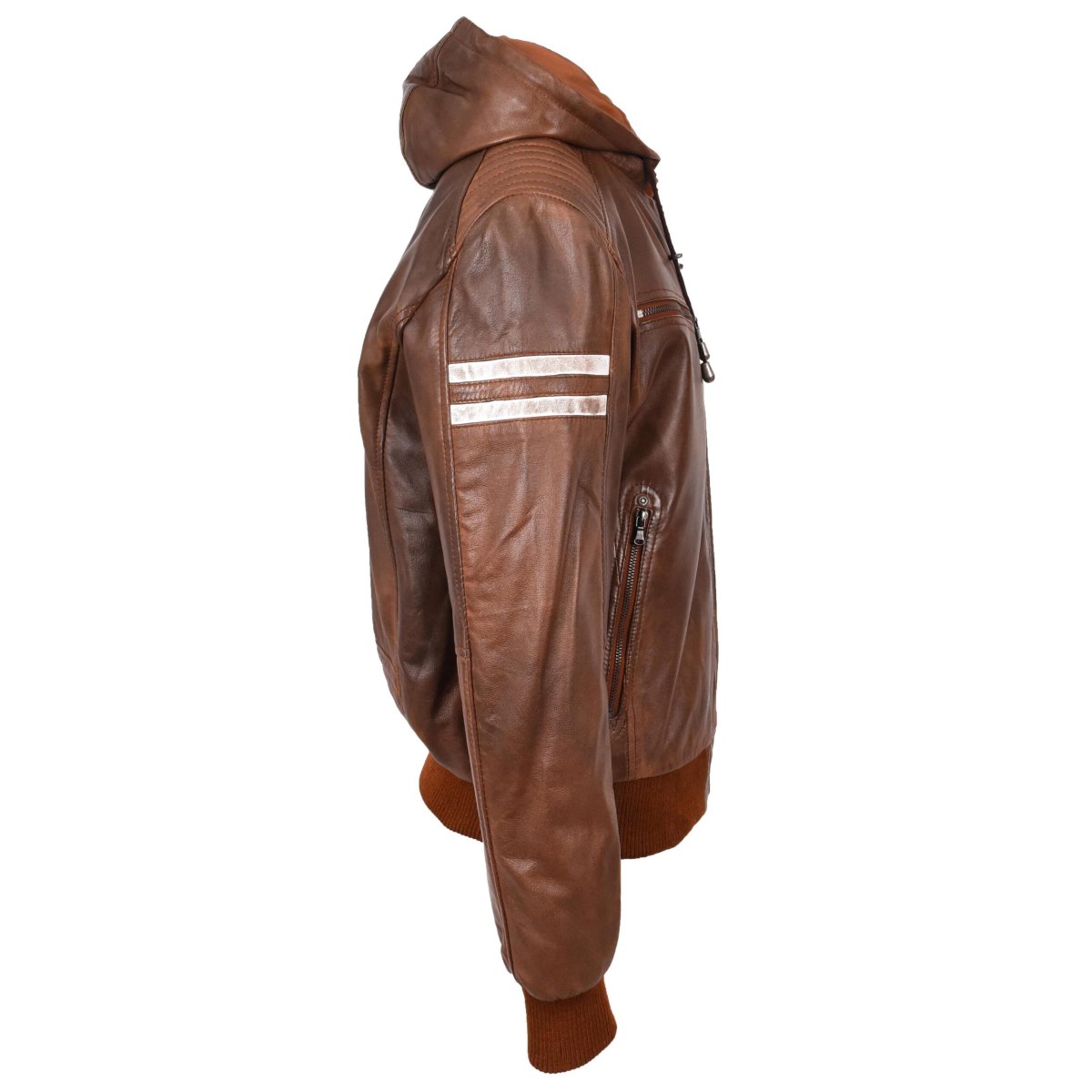 BUNERI Chaqueta Bomber de Cuero Real Coñac con Capucha Desmontable para Hombre - Imagen 4