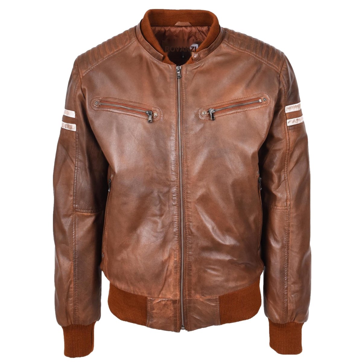 BUNERI Chaqueta Bomber de Cuero Real Coñac con Capucha Desmontable para Hombre - Imagen 5