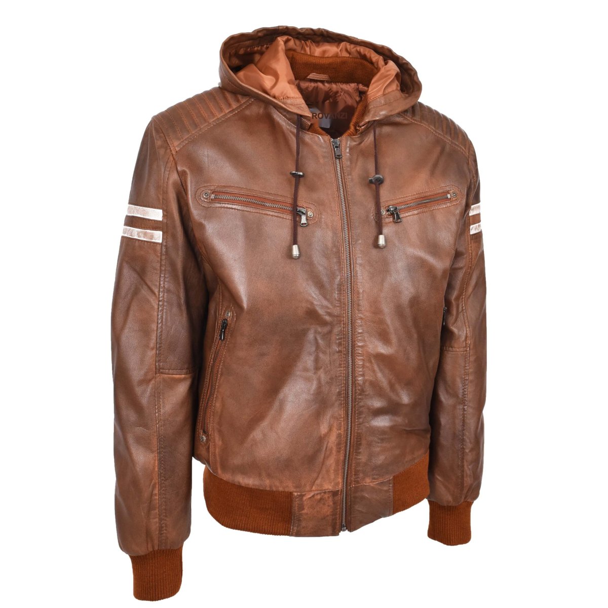 BUNERI Chaqueta Bomber de Cuero Real Coñac con Capucha Desmontable para Hombre - Imagen 6