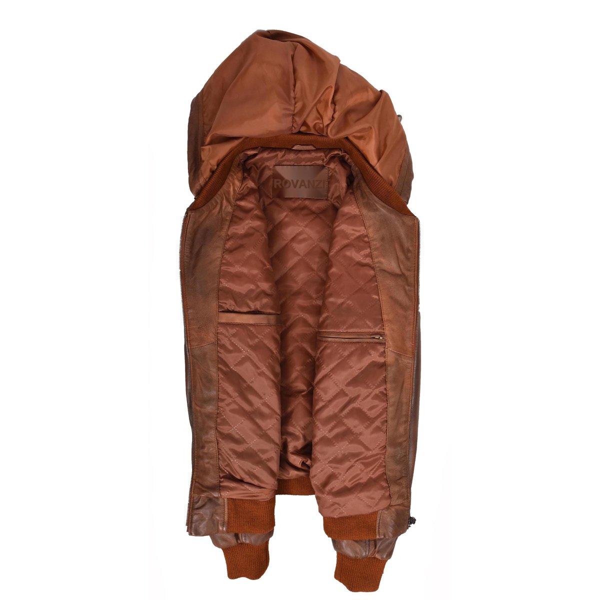 BUNERI Chaqueta Bomber de Cuero Real Coñac con Capucha Desmontable para Hombre - Imagen 7