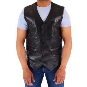 BUNERI Chaleco de Cuero Auténtico para Hombre Negro