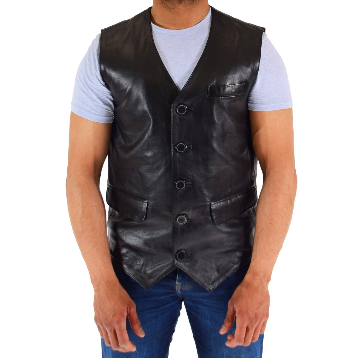 BUNERI Chaleco de Cuero Auténtico para Hombre Negro