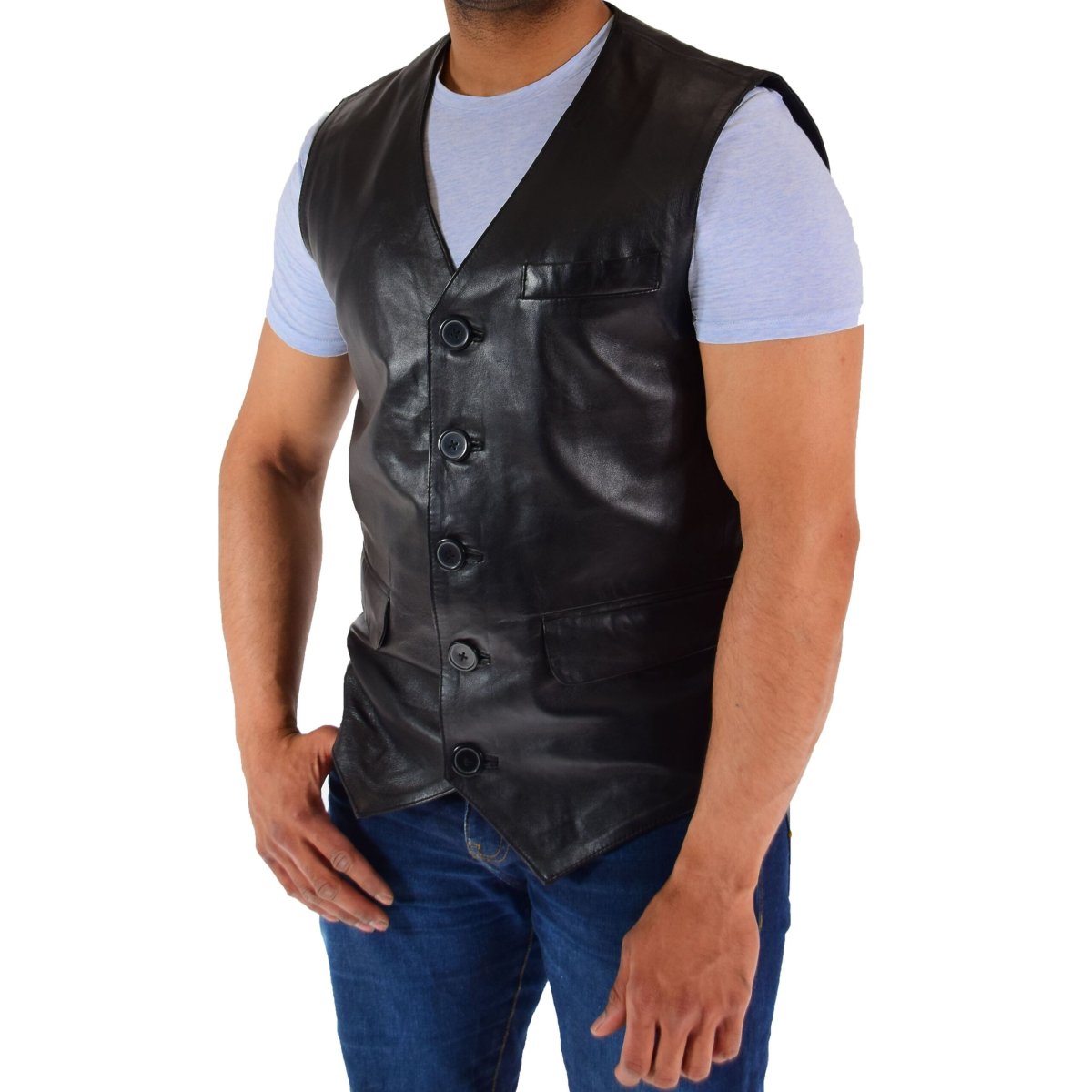 BUNERI Chaleco de Cuero Auténtico para Hombre Negro - Imagen 5