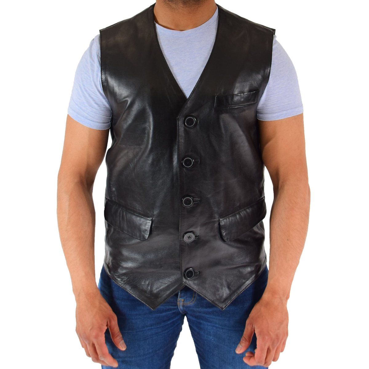 BUNERI Chaleco de Cuero Auténtico para Hombre Negro - Imagen 6