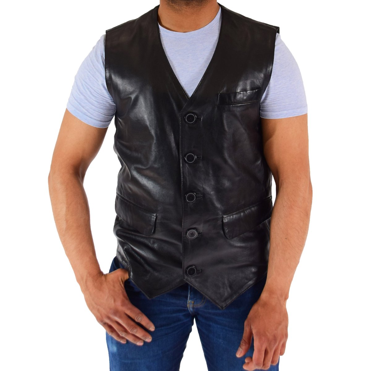 BUNERI Chaleco de Cuero Auténtico para Hombre Negro - Imagen 7