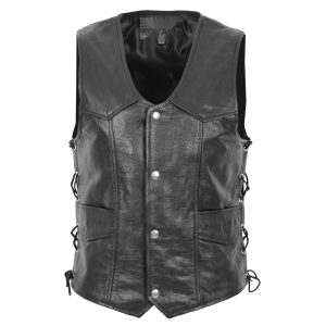 BUNERI Gilet de Cuero Auténtico para Hombre con Flecos Laterales Negro