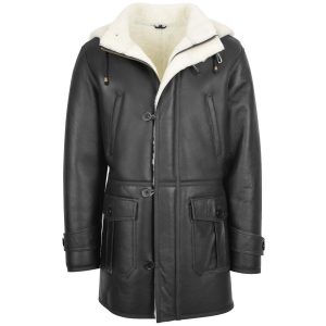 BUNERI Duffle de Piel de Oveja Vincent Negro y Blanco con Capucha