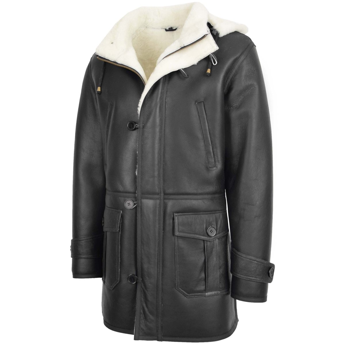 BUNERI Duffle de Piel de Oveja Vincent Negro y Blanco con Capucha - Imagen 5