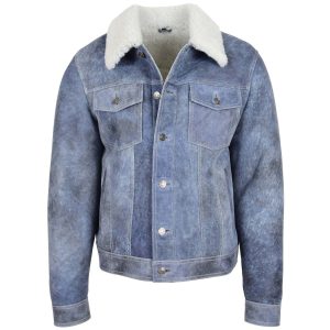 BUNERI Chaqueta Trucker Hombre de Piel de Oveja Azul Denim