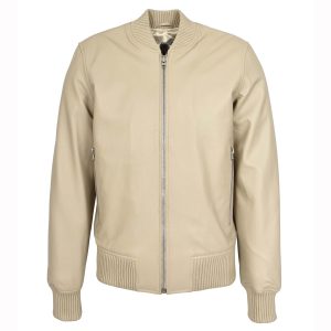 BUNERI Chaqueta Hombre Cuero Real Suave Bomber MA-1 Estilo Varsity Beige