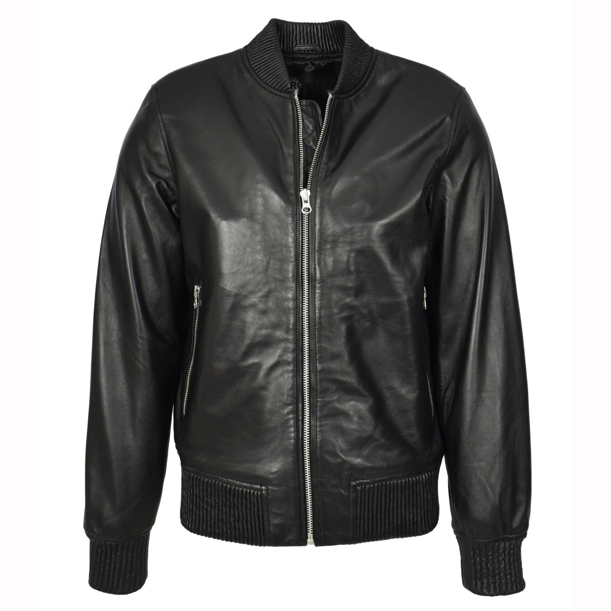 BUNERI Chaqueta Hombre Cuero Real Suave Bomber MA-1 Estilo Varsity Negro