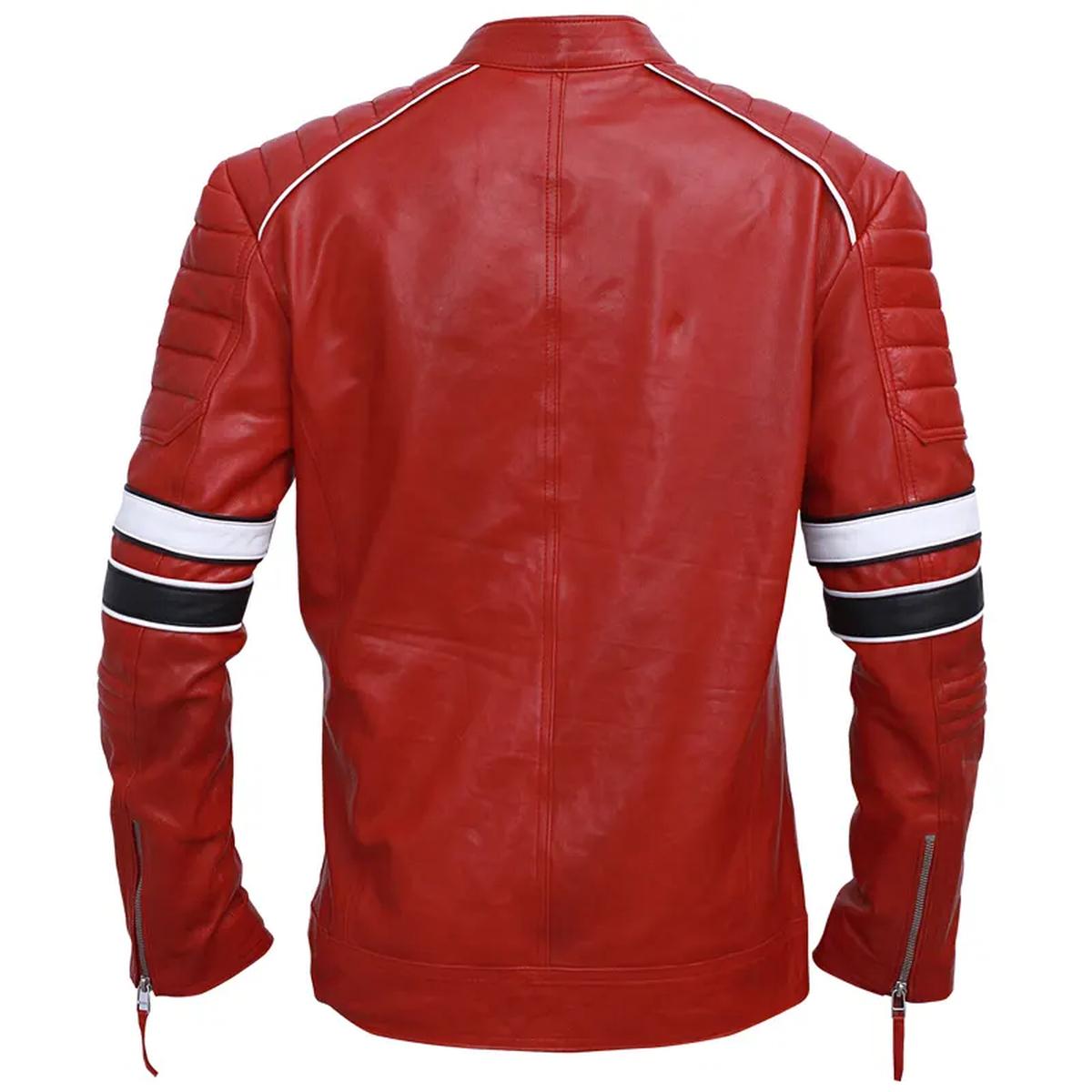 Chaqueta de cuero auténtico para hombre con rayas rojas, estilo café racer. - Imagen 6
