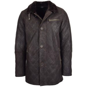 BUNERI Anorak de Piel de Oveja Marrón Oscuro con Punto de Cruz