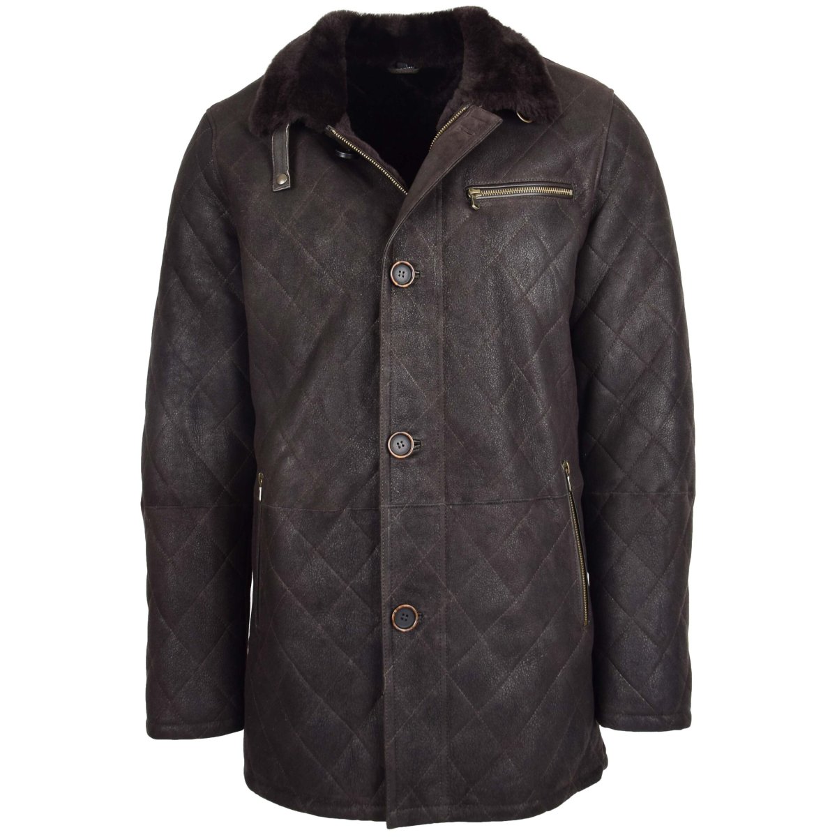 BUNERI Anorak de Piel de Oveja Marrón Oscuro con Punto de Cruz