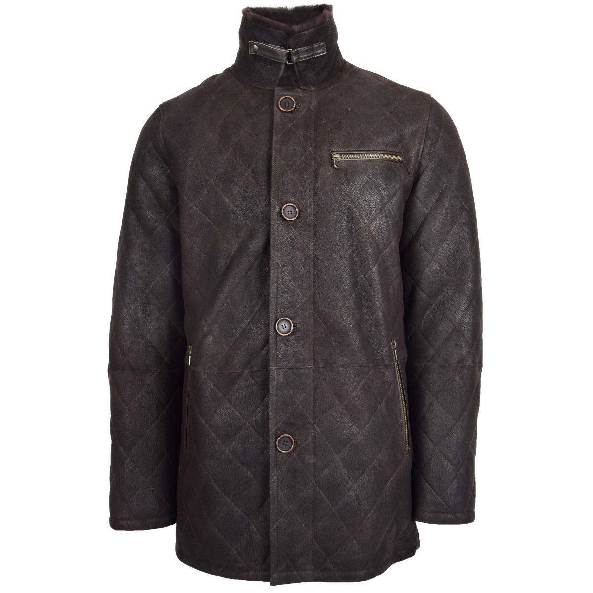 BUNERI Anorak de Piel de Oveja Marrón Oscuro con Punto de Cruz - Imagen 4