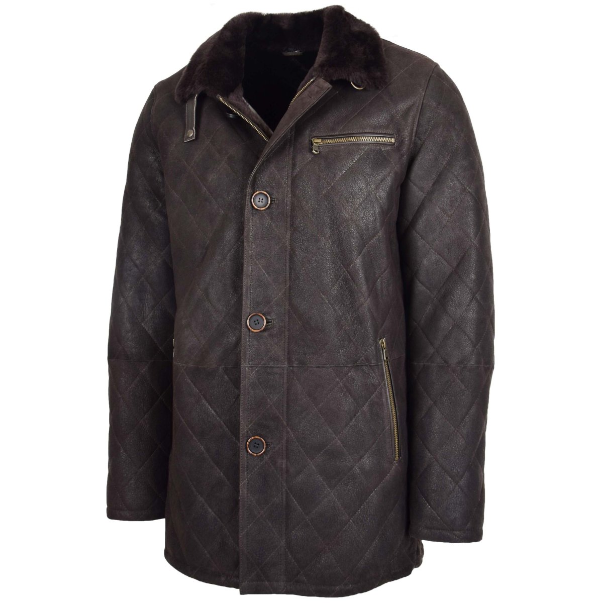 BUNERI Anorak de Piel de Oveja Marrón Oscuro con Punto de Cruz - Imagen 5
