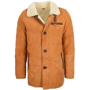 BUNERI Chaqueta Hombre 100% Piel de Oveja Punto de Cruz Anorak Tostado Blanco