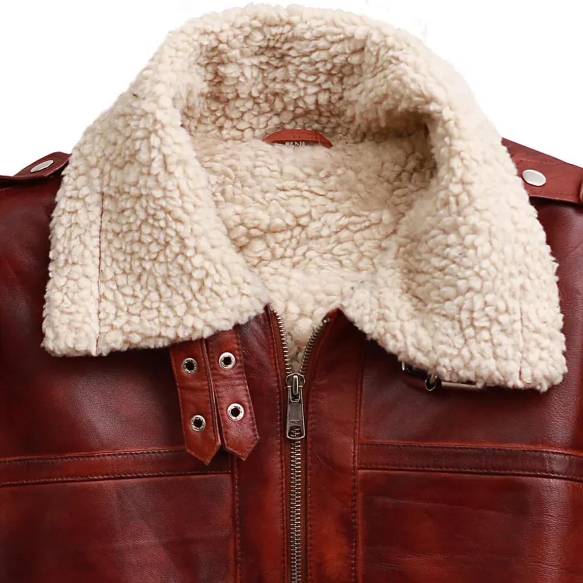 Chaqueta de hombre de piel auténtica con cuello alto y ribete de piel de oveja marrón. - Imagen 8