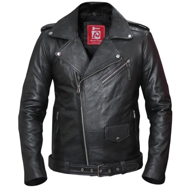 Chaqueta de cuero auténtico para hombre estilo motero, corte ajustado.