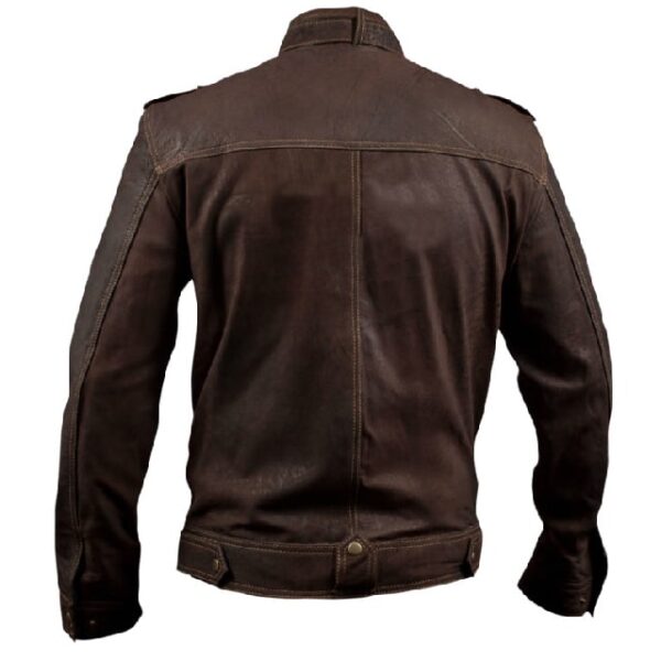 Chaqueta de motorista de cuero auténtico marrón lavado para hombre, corte ajustado. - Imagen 3