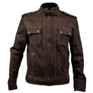 Chaqueta de motorista de cuero auténtico marrón lavado para hombre, corte ajustado.