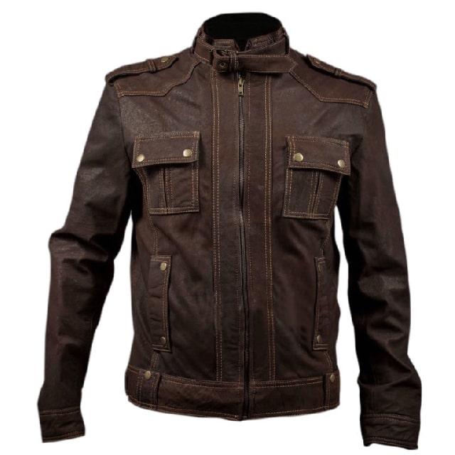 Chaqueta de motorista de cuero auténtico marrón lavado para hombre, corte ajustado. - Imagen 2