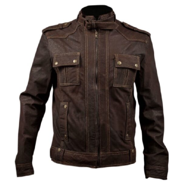 Chaqueta de motorista de cuero auténtico marrón lavado para hombre, corte ajustado. - Imagen 4