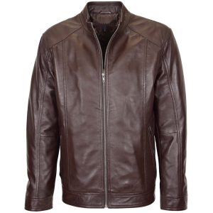 BUNERI Chaqueta de Cuero Suave Marrón Casual con Cremallera Simple para Hombre