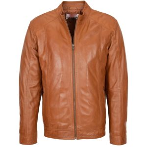 BUNERI Chaqueta de Cuero Auténtico Suave Casual de Cremallera Simple Color Tostado