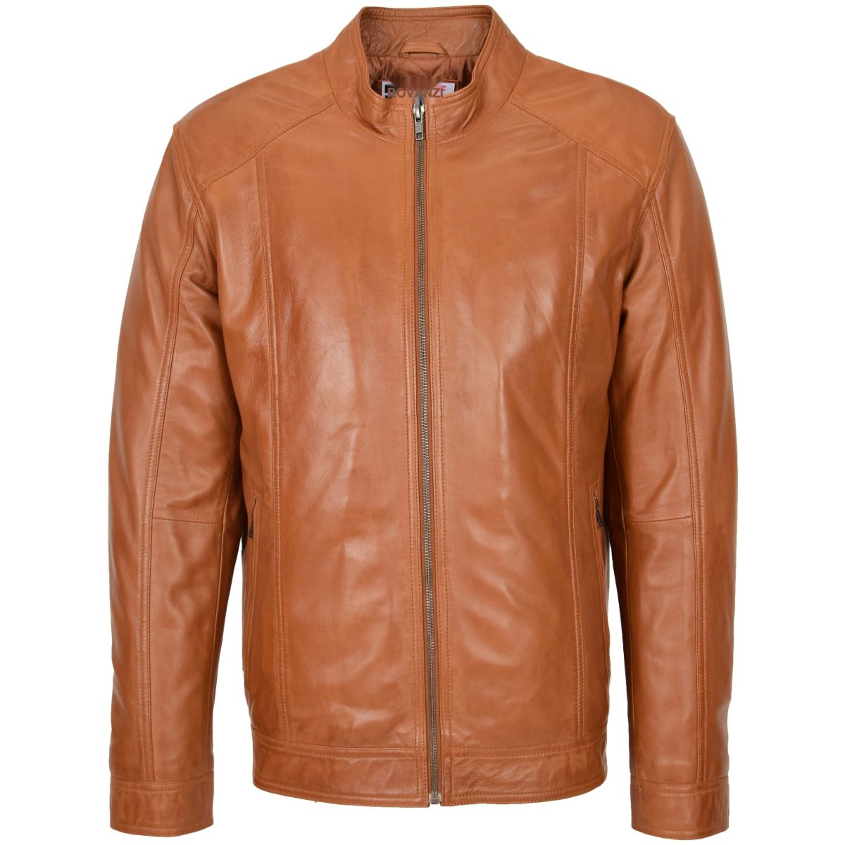 BUNERI Chaqueta de Cuero Auténtico Suave Casual de Cremallera Simple Color Tostado - Imagen 4