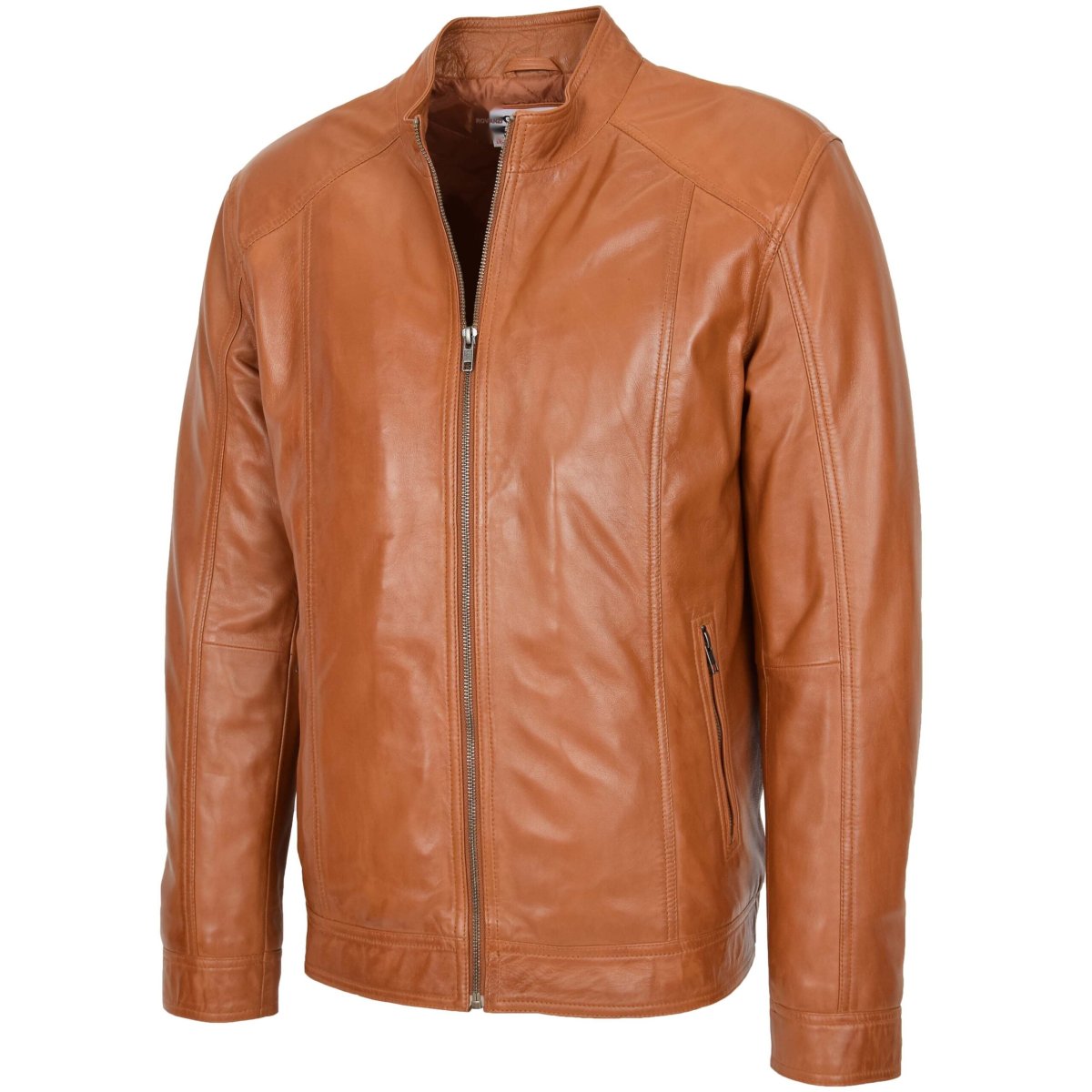 BUNERI Chaqueta de Cuero Auténtico Suave Casual de Cremallera Simple Color Tostado - Imagen 5