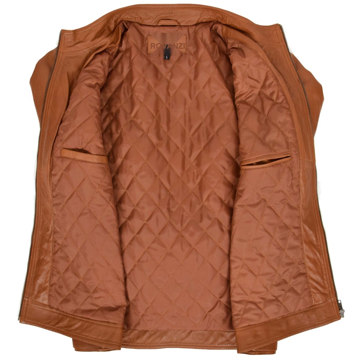 BUNERI Chaqueta de Cuero Auténtico Suave Casual de Cremallera Simple Color Tostado - Imagen 7