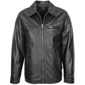 BUNERI Chaqueta Hombre Cuero Auténtico Minimalista Zip Box Negro