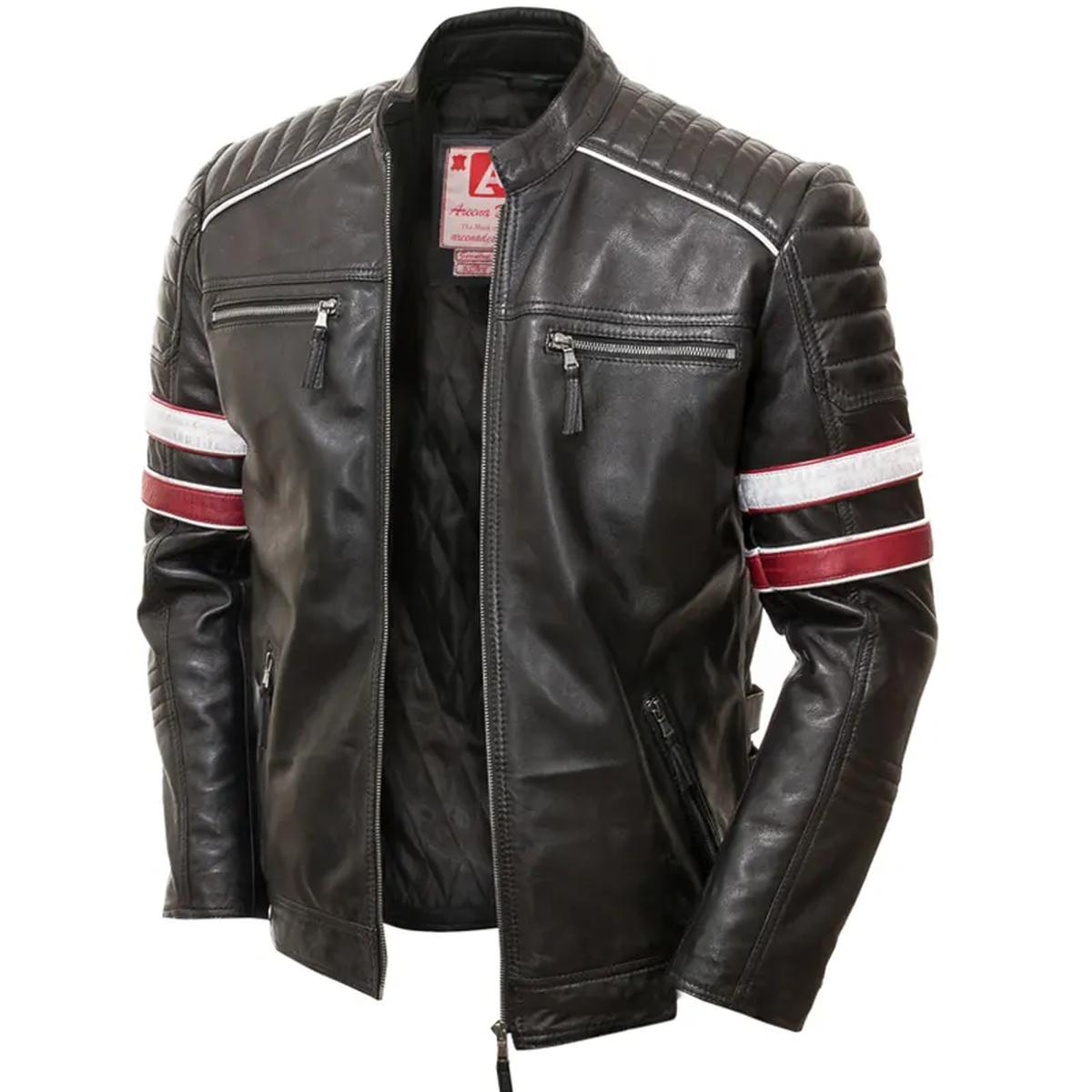 Chaqueta informal para hombre de piel auténtica con rayas estilo motero. - Imagen 7
