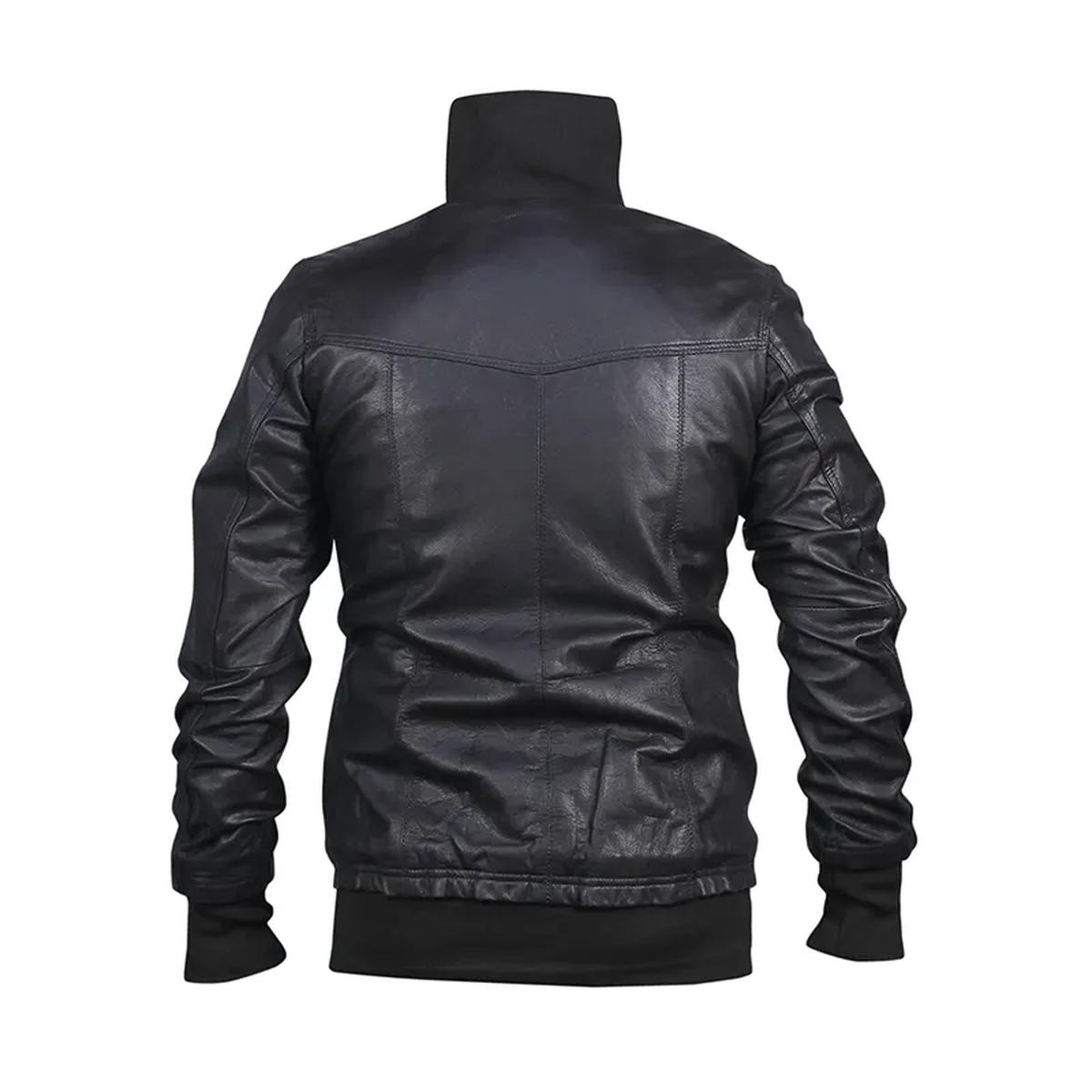 Chaqueta de motorista negra de cuero auténtico para hombre, corte ajustado. – con Cuello Alto - Imagen 4