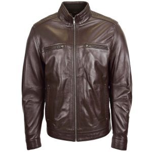 BUNERI Chaqueta Hombre Cuero Cuello Alto Marrón II