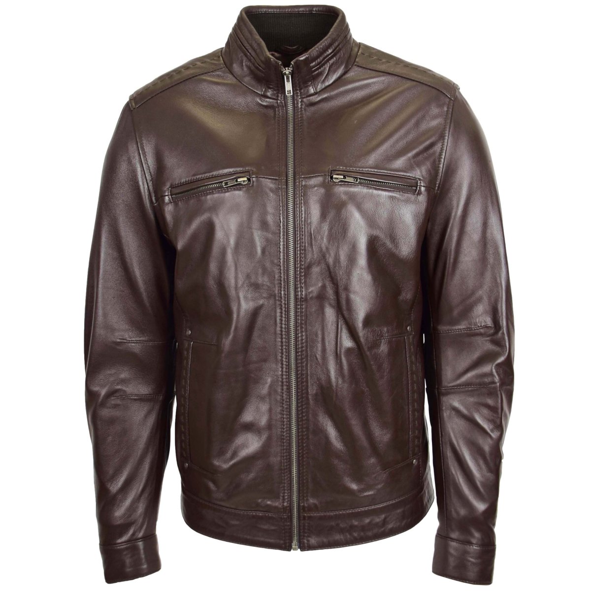 BUNERI Chaqueta Hombre Cuero Cuello Alto Marrón II