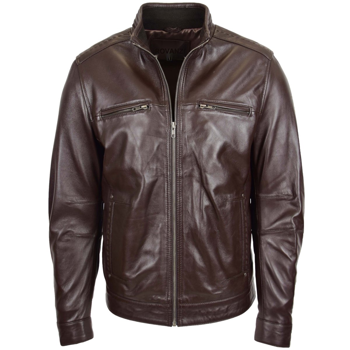 BUNERI Chaqueta Hombre Cuero Cuello Alto Marrón II - Imagen 4