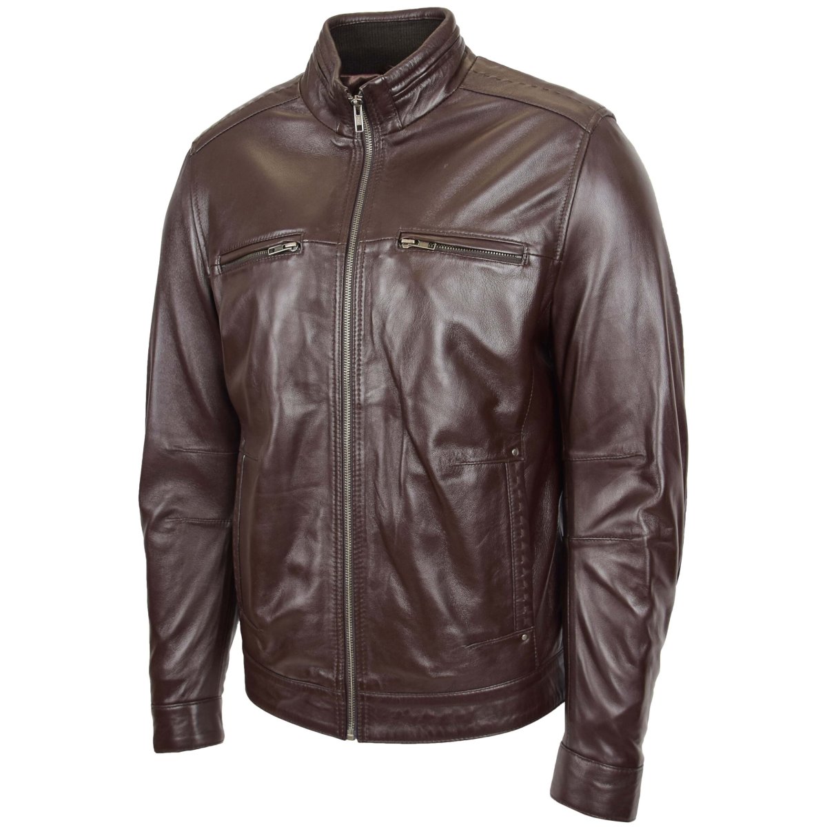 BUNERI Chaqueta Hombre Cuero Cuello Alto Marrón II - Imagen 5
