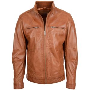 BUNERI Chaqueta de Cuero de Cuello Alto para Hombre Tostado