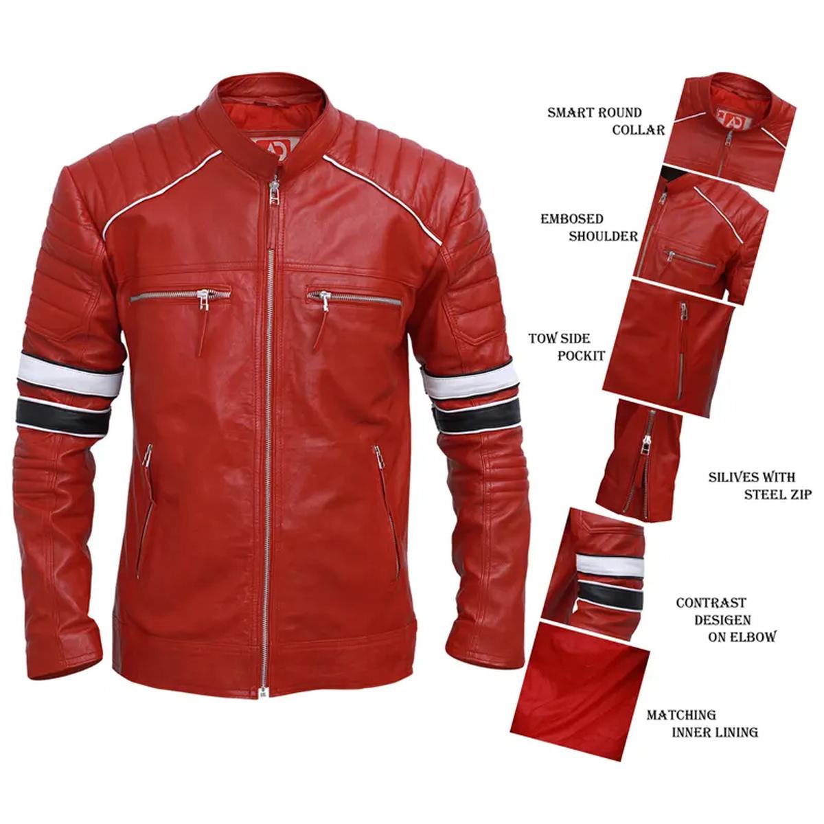 Chaqueta de cuero auténtico para hombre con rayas rojas, estilo café racer. - Imagen 7