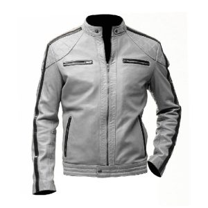 Chaqueta de moto estilo café racer de cuero genuino a rayas para hombre