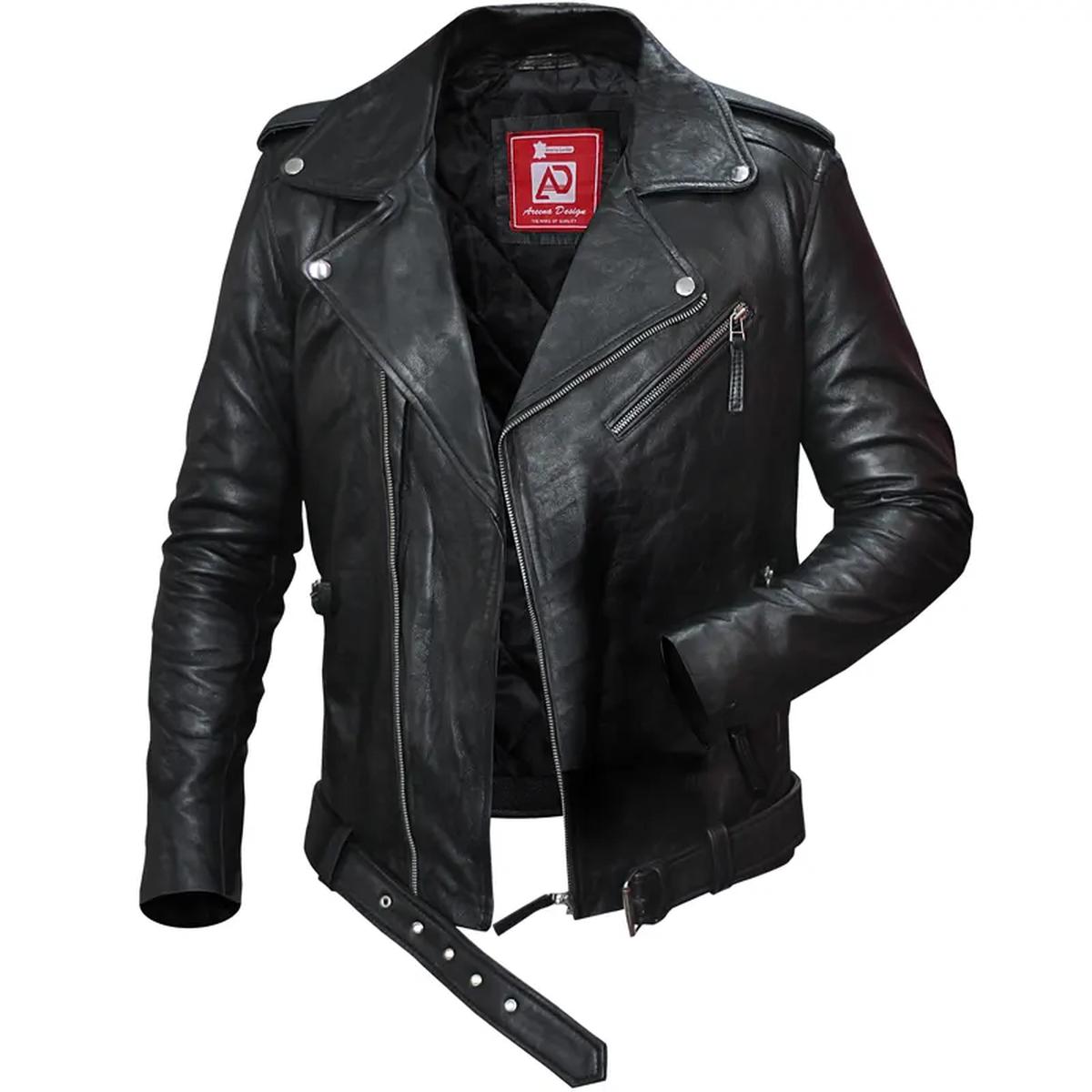 Chaqueta de cuero auténtico para hombre estilo motero, corte ajustado. - Imagen 8
