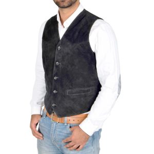 BUNERI Chaleco de Ante para Hombre con Botones Negro
