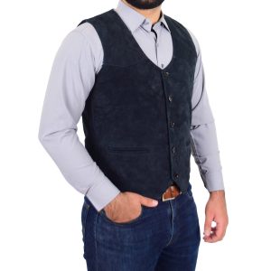 BUNERI Chaleco de Ante Azul Marino para Hombre con Botones